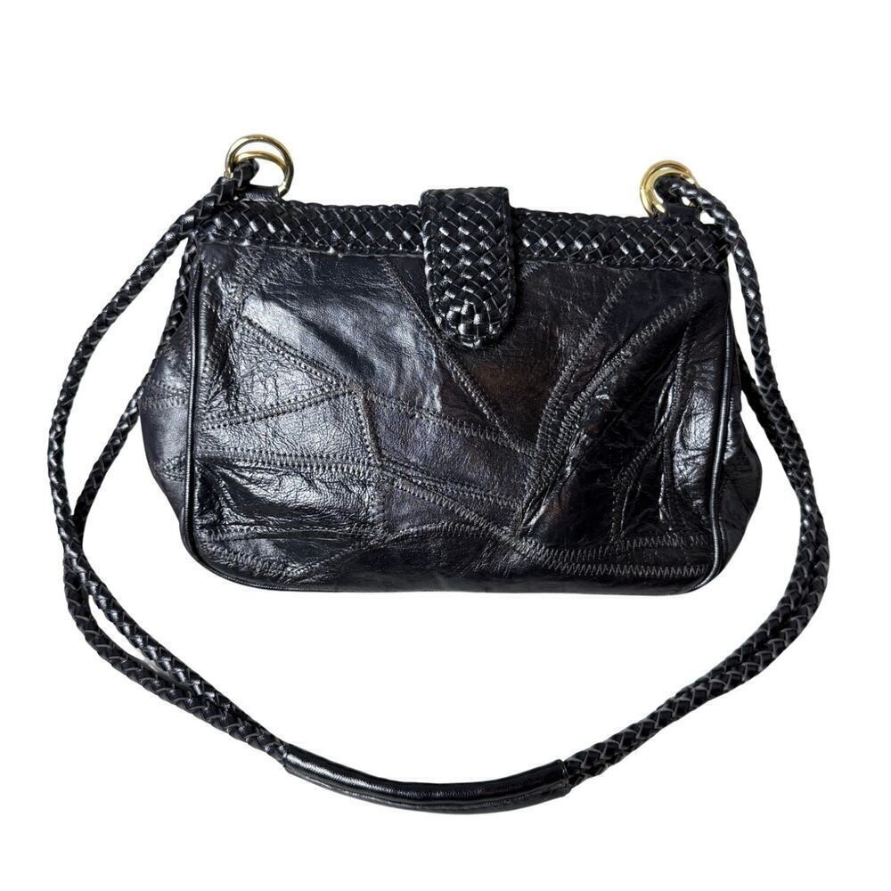 Vintage Warren Reed Black Faux Leather Woven Strap Snap Closure Shoulder Bag